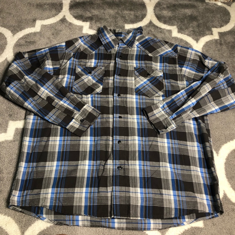 Wrangler Jeans Shirt Men XL Blue Black Pearl Snap Western Plaid Long Sleeve